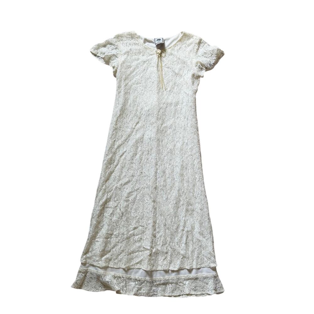 Vtg Y2K 2000s White Lace Dress Beaded Bow Sz 14 Communion Cottagecore Church
